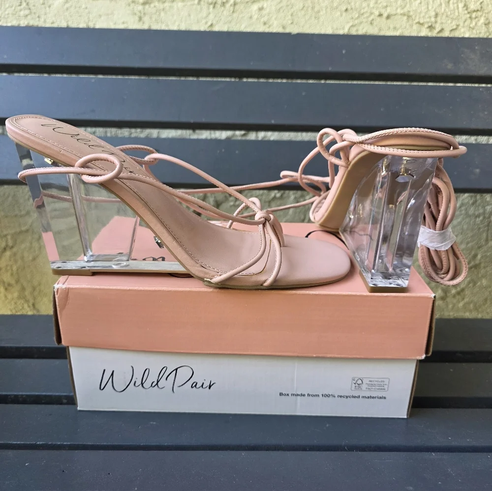 WILD PAIR Womens Nude Beige Santeago Square Toe Wedge‎ Heeled Thong Sandals 9.5